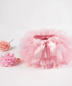Alternative view of Baby girl tutu skirt 2pcs tulle lace bloomers diaper cover Newborn infant outfits Mauv headband flower set Baby mesh bloomer
