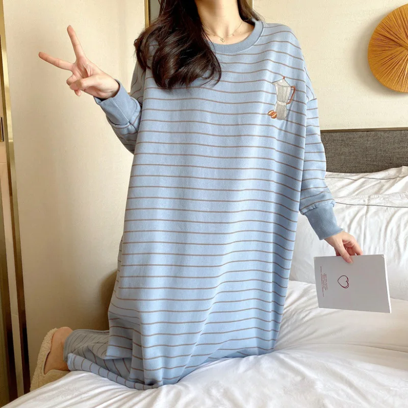 Female Long Sleeve Knit Cotton Nightgown Autumn Winter Thickened Fleece Warm Cartoon Outdoors Women Sleepwear Lady Loungewear - Image 4