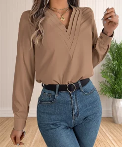 Women's Elegant Business Office Blouse Layered V Neck Long Sleeve 2024 Dressy Shirts Work Tops
