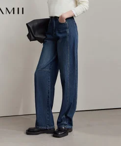 AMII Jeans Pants Women 2025 Autumn New Retro Denim Blue Trousers For Woman Loose Wide-leg Versatile Trousers Ladies 12553029