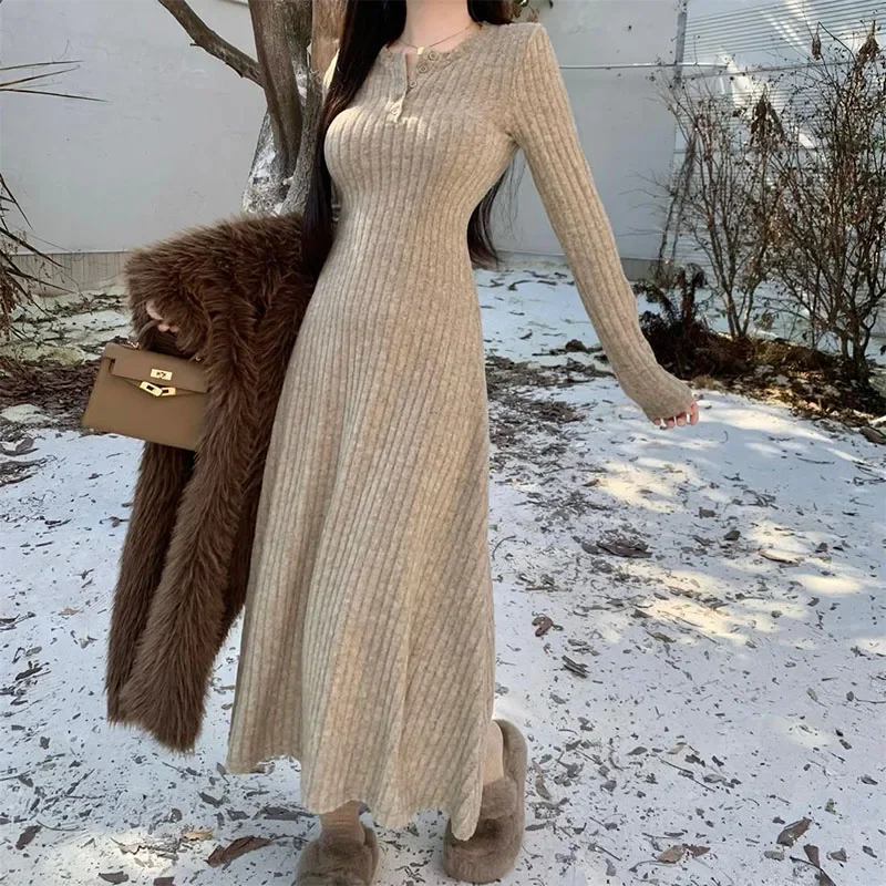 Smvp Elegant Slim High Waist Knit Dresses Women Autumn Winter Long Sleeve Thick Warm Long Dress Vintage Streetwear Vestidos - Image 3