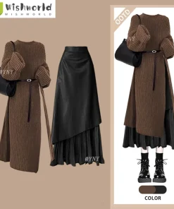 Alternative view of Autumn and Winter Maillard Outfit High-end Western-style Knitted Long Sweater Fashionable High Waisted Skirt Two-piece Set