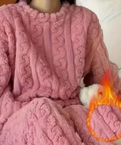 Soft Coral Velvet Jacquard Warm Pajama Set for Women Cozy Loungewear Outerwear for Winter Christmas Valentine's Day Gift ﻿