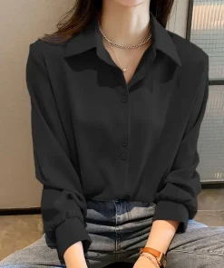 Black Chiffon Shirts For Women Spring NEW Solid Long Sleeve Shirts Korean Fashion Ladies Blouse Simple Female Clothing Tops