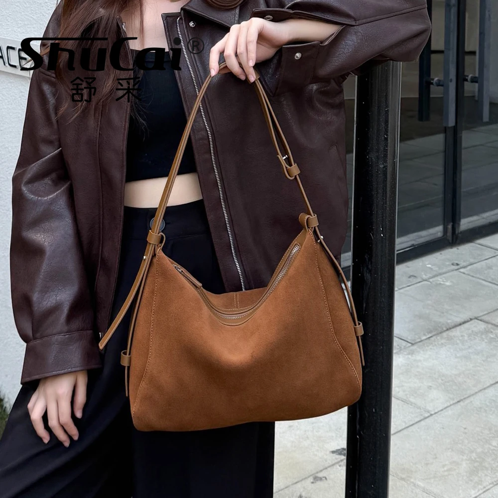 Genuine Grade Suede Leather Luxury Designer Large Capacity Women's Tote Bag Vintage Shoulder Crossbody Underarm Bags Trendy New - Image 4