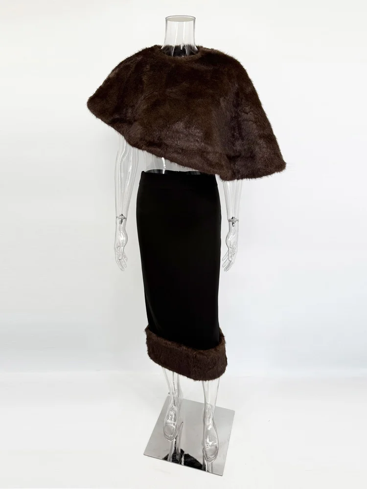 Tossy Elegant Female Fur Feather Maxi Skirt Outfits Luxury Loose Patchwork Fashion Cover up Top And Long Skirt Women's Sets New - Image 6