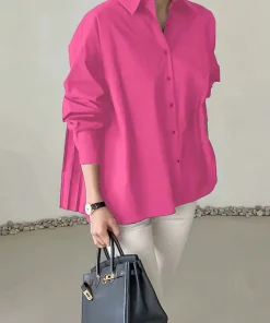 Alternative view of Plus Size 2025 Spring and Summer New Women's POLO Collar Pleated Casual Single Row Button Shirt Blouse Solid Color