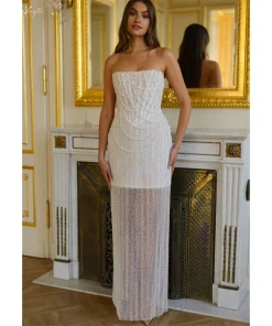 Kyoto Customized Ivory Shiny Sequins Strapless Wedding Dress Column Beaded vestidos de novia Floor-Length Lace-Up Formal Evening