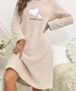 Heart Embroidery Flannel Sleepdress Pink Or Beige Long-Sleeve Round Neck Dress Super Soft Warm Nightgown Fit Winter Women's Pjs