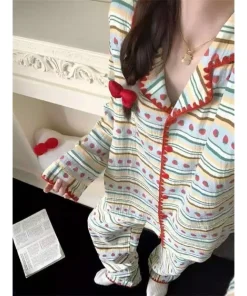 Plus Size Pajamas 2 Pieces Set Y2K Striped Strawberry Print Casual Korean Sweet Soft Women's Pajamas Autumn Winter New Homewear