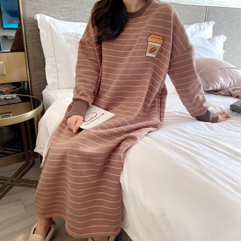 Female Long Sleeve Knit Cotton Nightgown Autumn Winter Thickened Fleece Warm Cartoon Outdoors Women Sleepwear Lady Loungewear - Image 3