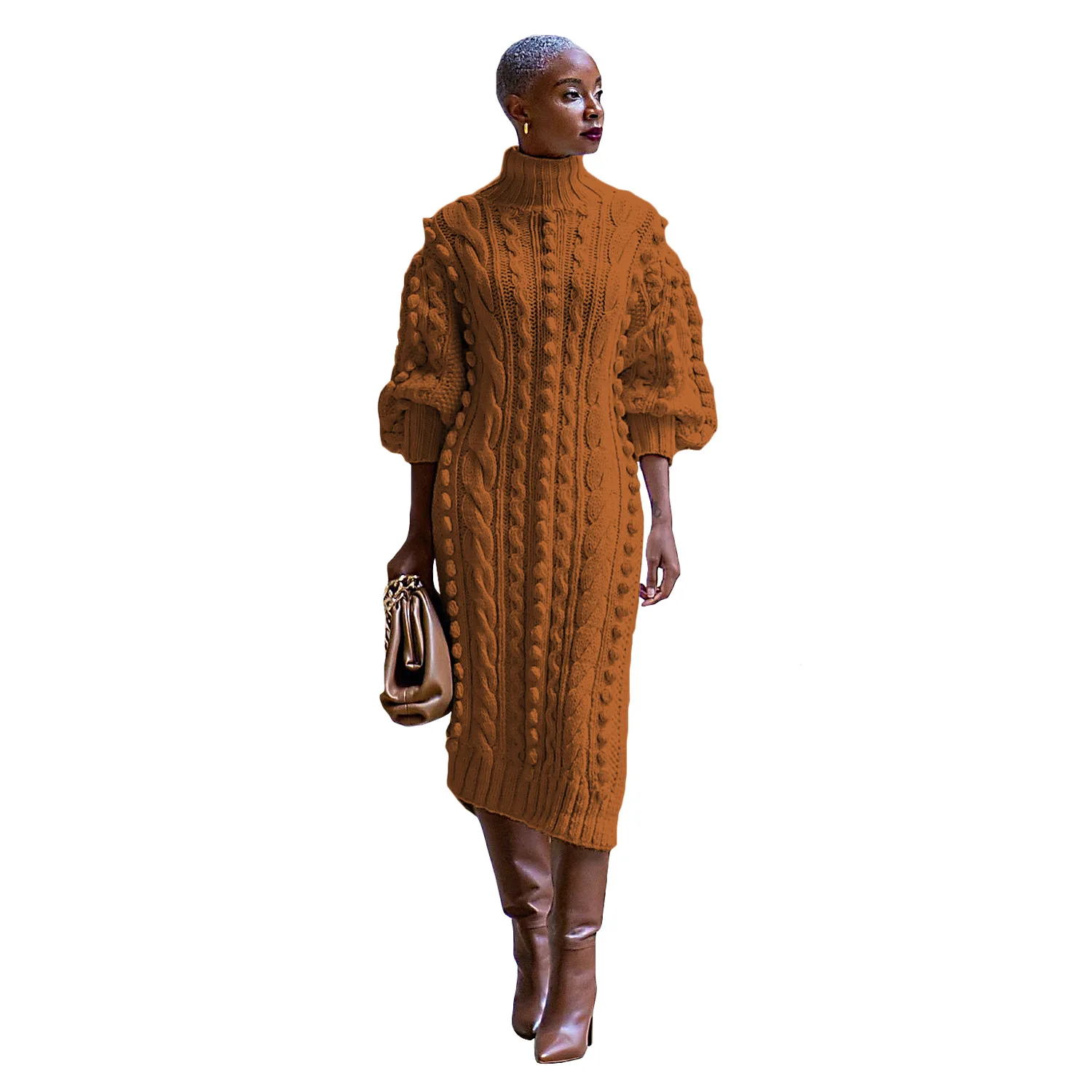 Turtleneck Knitted Jumpers Dress Long Sleeve Ankle Length Casual Dresses Loose Fit Spliced Vestidos Straight Solid Pullover - Image 4