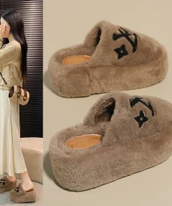2025 Autumn & Winter New Platform Thick-Soled Mule Furry Slippers - High-Heel, Warm Cotton Slippers for Indoor & Outdoor Wear