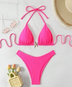 Sexy Bikini Set Solid Swimsuit Women Beachwear 2026 Thong Micro Bikinis Female Swimwear High Cut Neck Bathing Suit Beach Biquini