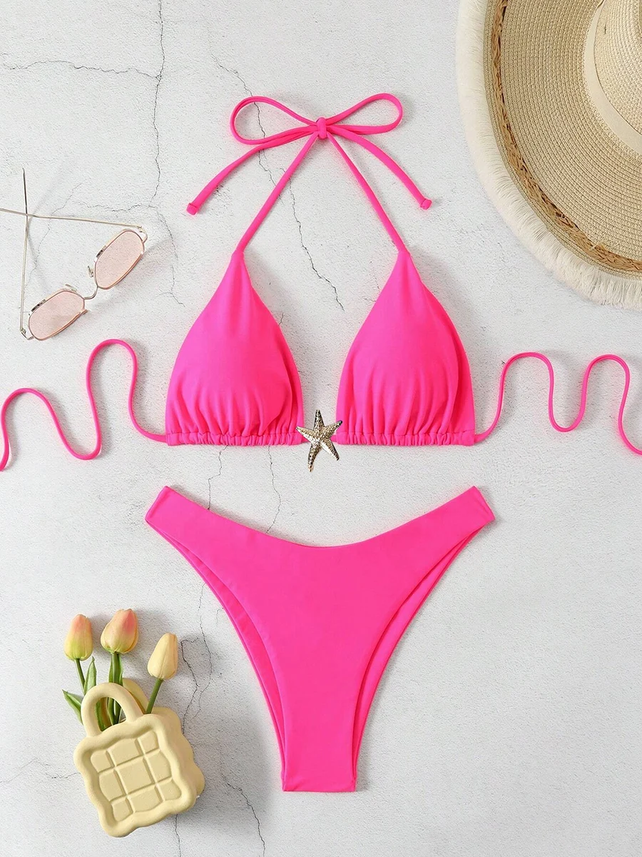 Sexy Bikini Set Solid Swimsuit Women Beachwear 2026 Thong Micro Bikinis Female Swimwear High Cut Neck Bathing Suit Beach Biquini
