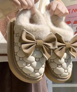 Alternative view of Platform Ankle Boots Female Bowknot Designer Winter Snow Booties Indoor Fluffy Slippers Women House Flats Fashion Footwear Warm