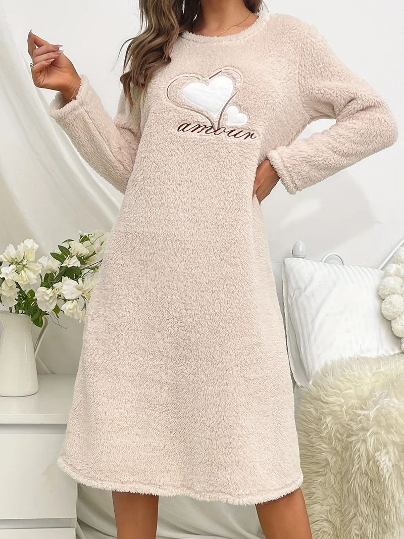 Heart Embroidery Flannel Sleepdress Pink Or Beige Long-Sleeve Round Neck Dress Super Soft Warm Nightgown Fit Winter Women's Pjs - Image 3