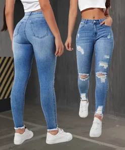 Fashion Skinny Hole Jeans Women 2025 Autumn Stretchy High Waisted Ripped Slim Retro Solid Color Denim Trousers Pants