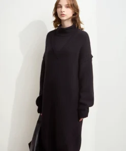 AMII Minimalist Womens Dresses 2025 Winter New Commuter Half Turtleneck Woman Clothing Solid Loose Knitted Midi Dress 12444229