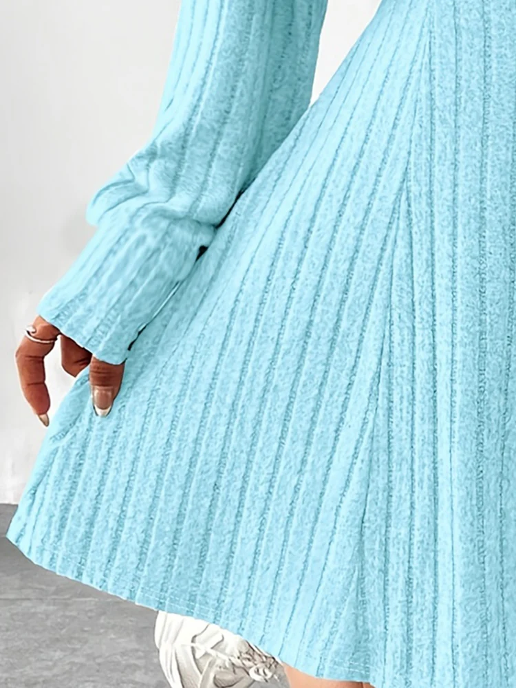 Women's blue ribbed knitted vest dress, short long sleeved top slim fit two-piece set, autumn and winter - Image 5