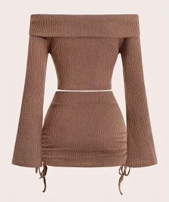 Alternative view of Women's 2-Piece Off-Shoulder Ribbed Set - Long Sleeve Crop Top & Ruched Mini Skirt Outfit for Fall/Winter