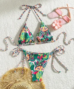 Alternative view of 2025 new bikini European and American triangle cup print lace-up swimsuit hot girl small fresh seaside bikini swimsuit