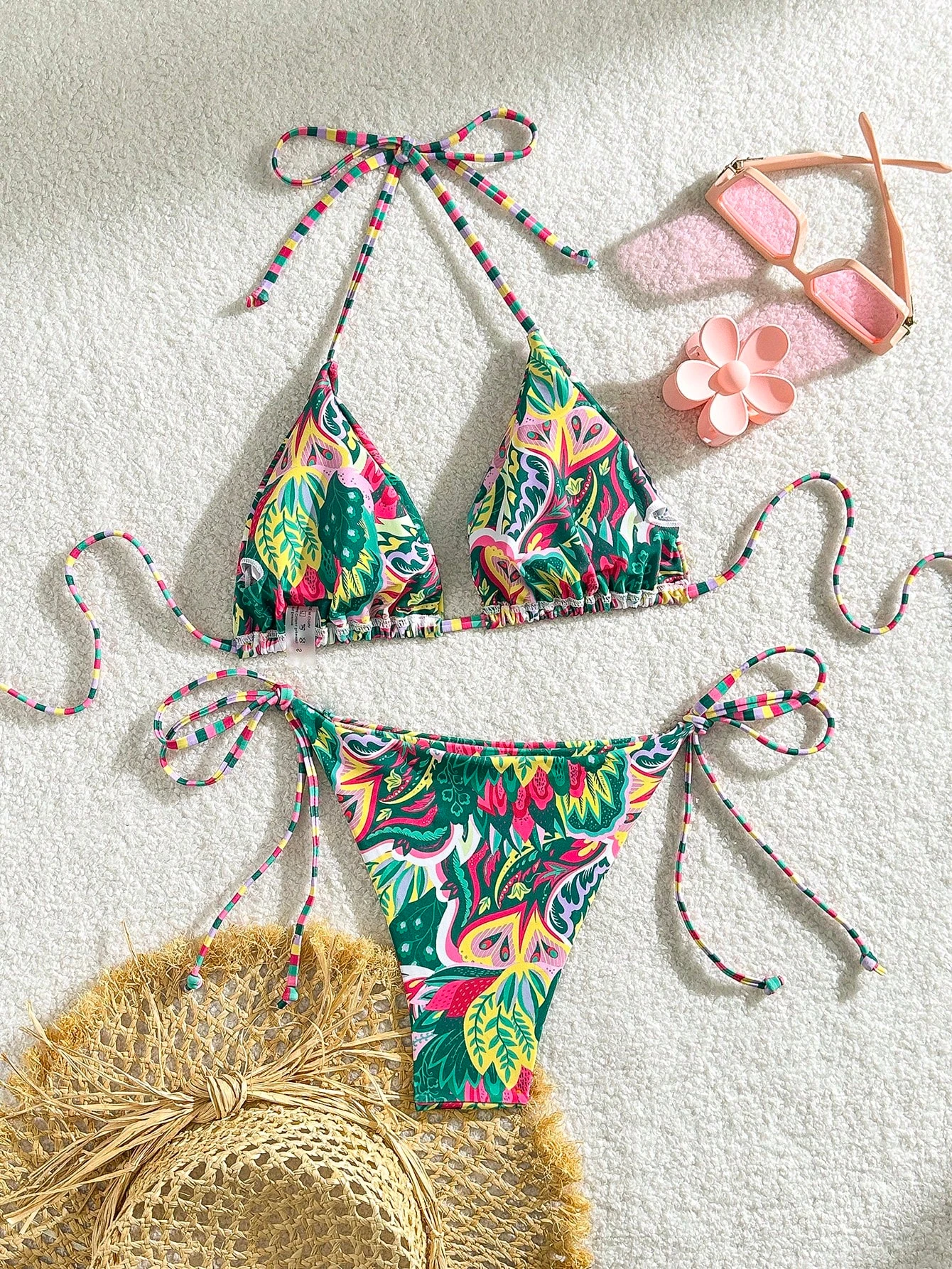 2025 new bikini European and American triangle cup print lace-up swimsuit hot girl small fresh seaside bikini swimsuit - Image 2