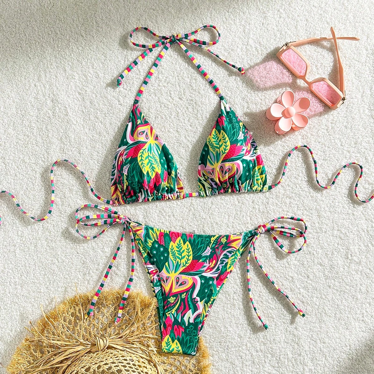 2025 new bikini European and American triangle cup print lace-up swimsuit hot girl small fresh seaside bikini swimsuit - Image 5