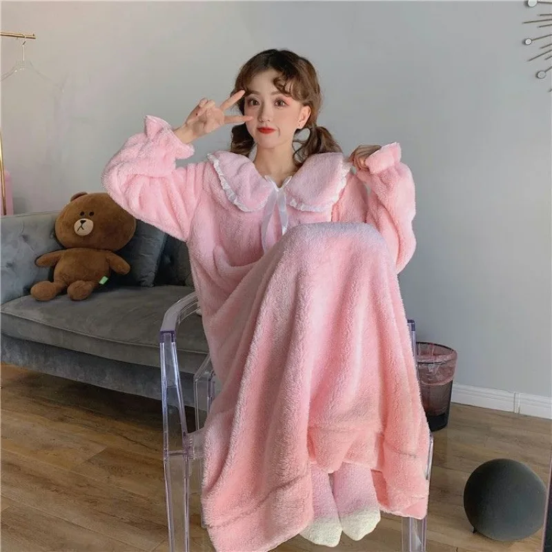 Thickened Warm Coral Velvet Nightgown Female Autumn and Winter One-Piece Pajamas Student Homewear Solid Sleepwear Loungewear - Image 5