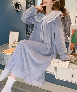 Womens Nightwear Nightdress Flannel Thickened Solid Colour Nightgown Doll Collar Student Warm Coral Velvet Ruffle Dress Robes Se