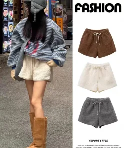 Women's Faux Lamb Fur Shorts High Waisted Outer Wear Hot Pants, Autumn Winter Warm Fleece Shorts Korean Fashion