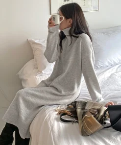 Alternative view of New 2025 Autumn Winter Sweater Dress Women Japanese y2k Turtleneck Long Sleeve Thicken Loose Knitted Long Dresses Hot Sale