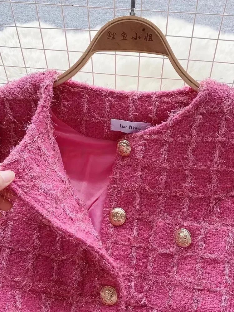 Autumn Winter Fashion Rose Red Woolen Two Piece Set Women Golden Button Chain Belt Tweed Short Jacket Coat+Split Midi Skirt Suit - Image 3