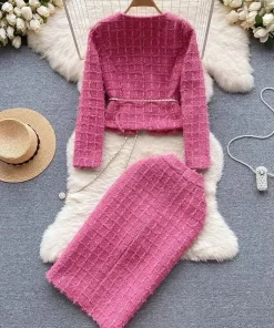 Alternative view of Autumn Winter Fashion Rose Red Woolen Two Piece Set Women Golden Button Chain Belt Tweed Short Jacket Coat+Split Midi Skirt Suit