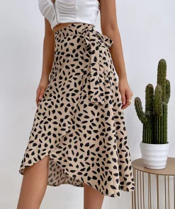 Benuynffy Boho Women Casual Print Tie Side Wrap Skirt Elegant High Waist Female Summer Asymmetrical Knee Length A-Line Skirts