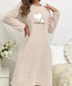 Alternative view of Heart Embroidery Flannel Sleepdress Pink Or Beige Long-Sleeve Round Neck Dress Super Soft Warm Nightgown Fit Winter Women's Pjs