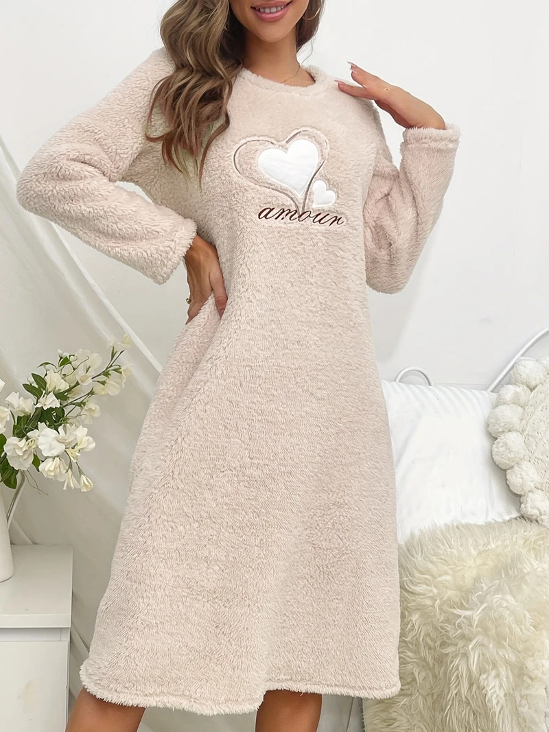 Heart Embroidery Flannel Sleepdress Pink Or Beige Long-Sleeve Round Neck Dress Super Soft Warm Nightgown Fit Winter Women's Pjs - Image 2