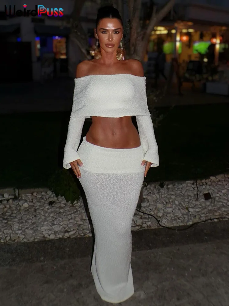 Weird Puss See Through 2 Piece Set Women Chic Hairball Lapel Slash Neck Crop Top+Maxi Skirts Matching Trend Streetwear Suits - Image 4