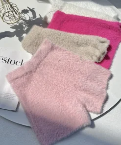 Women's Autumn Winter Faux Mink Hair Shorts Sweet Soft High Waist Slim Hairy Elasticity Shorts Fashion Knitting Homewear Shorts