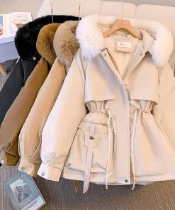 Fleece Lined Hood Down Jacket Winter Coat for Women Warm Drawstring Padded Parkas Korean Casual Streetwear Female Puffer Outwear
