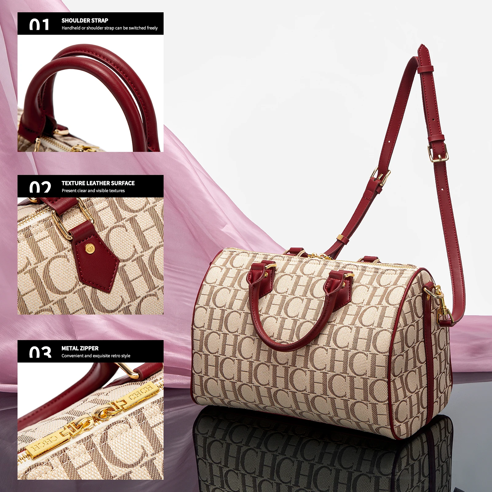 CHCH Women's Pillow Bag Autumn/Winter New Collection Letter Handbag Brown Boston Bag - Image 3