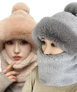 Winter Scarf Set Hooded for Women Plush Neck Warm Russia Outdoor Ski Windproof Hat Thick Plush Fluffy Beanies