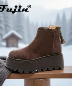 Fujin 7cm Suede Leather Snow Shoes Ankle Booties Platform Winter Boots Women Comfortable Non Slip Chelsea Boots Chunky Heel