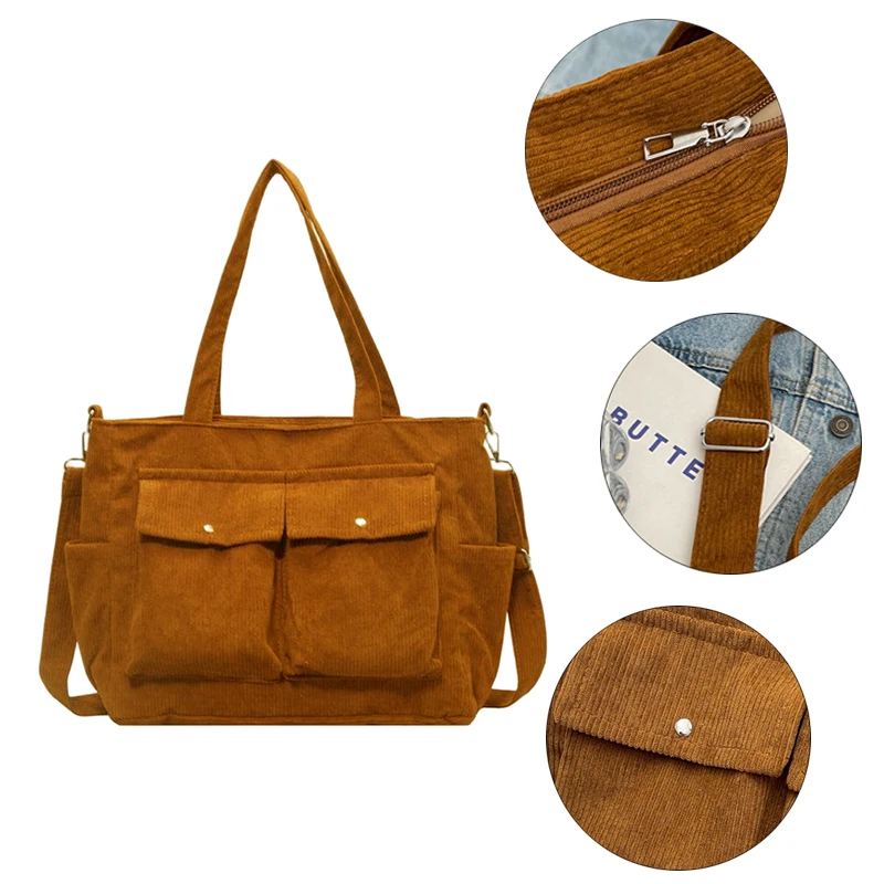 New Vintage Multi Pocket Corduroy Handbag Large Capacity Women's Shoulder Bag Casual Crossbody Bag For Women Commuting - Image 5