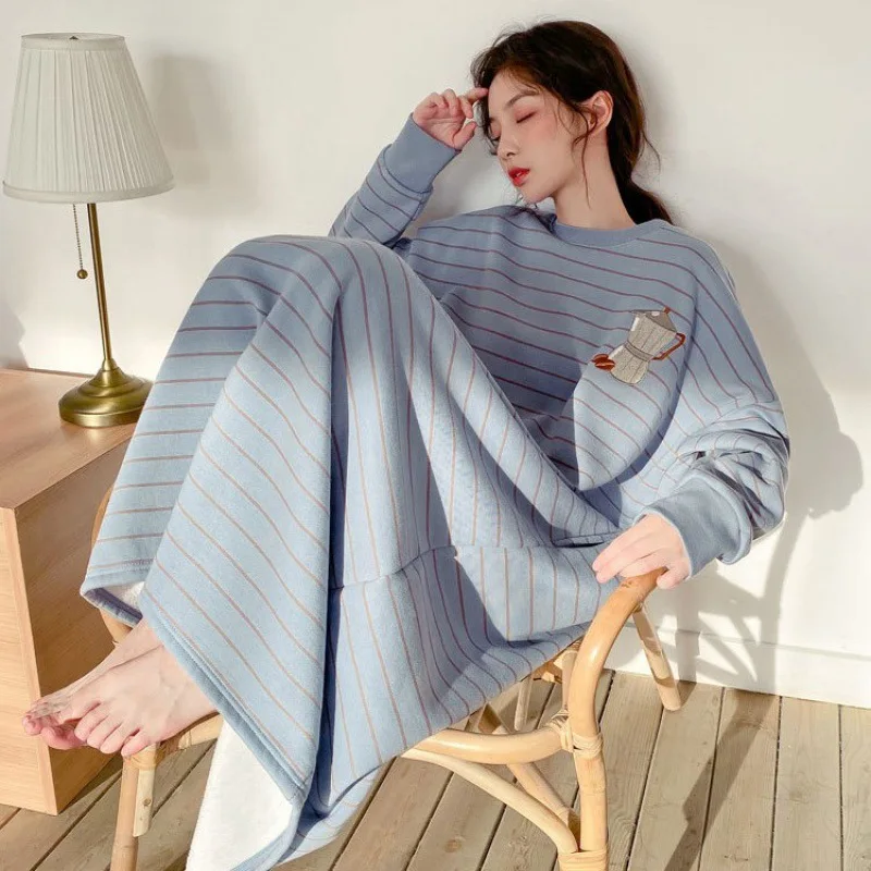 Female Long Sleeve Knit Cotton Nightgown Autumn Winter Thickened Fleece Warm Cartoon Outdoors Women Sleepwear Lady Loungewear - Image 5