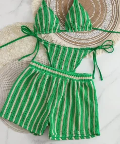 Alternative view of 2026 new style boxer shorts mesh three-piece women's swimsuit neck lace-up bikini set