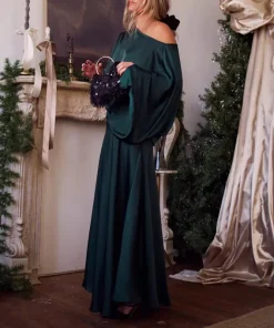 Alternative view of 2026 Spring Elegant Solid Evening Gown Set Woman Sexy Skew Collar Top Pullover & Long Dress Suit Autumn Long Sleeve 2pcs Outfits