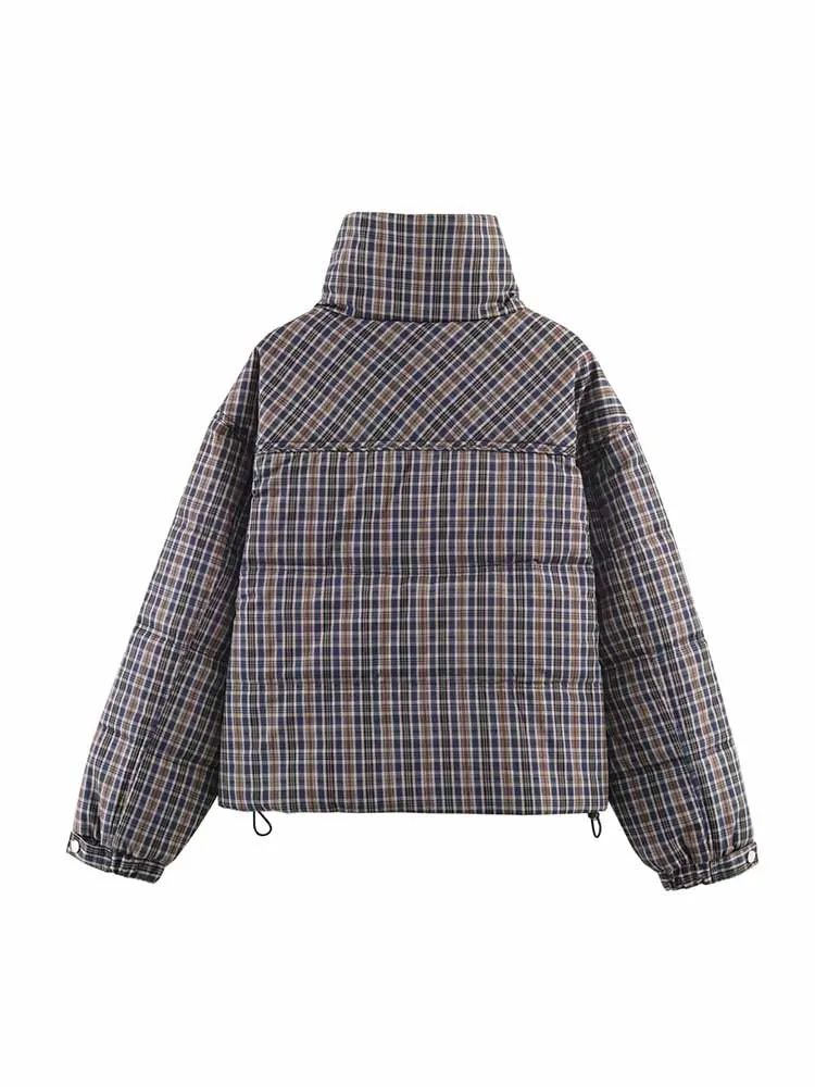 HH Woman Winter Fashion Long Sleeves Stand Collar Plaid Pocket Zipper Decoration Cotton Jacket Female Versatile Cotton Jacket - Image 2