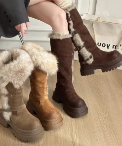 Winter Platform Thick Bottom Fur Lining Woman Knight High Boots Fashion Belt Buckle Stripper Party Shoes Female Long Booties
