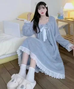 Alternative view of Thickened Warm Coral Velvet Nightgown Female Autumn and Winter One-Piece Pajamas Student Homewear Solid Sleepwear Loungewear